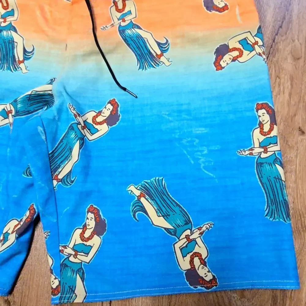 Hang Ten Hula Girl Graphic Board Shorts Orange Blue Mens 38 Swim Trunks